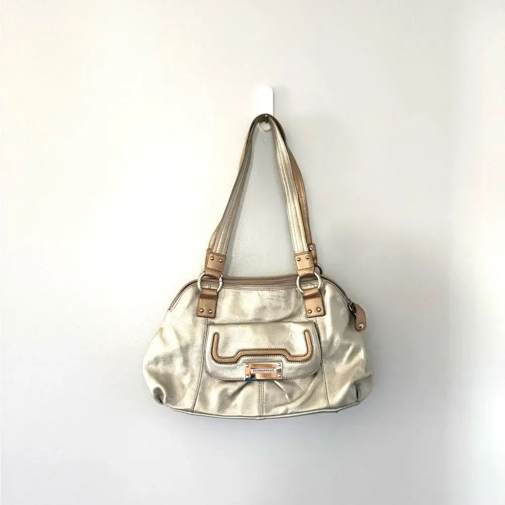 Tignanello Champagne Gold & Silver Satchel Bag Purse W/ Inner Divider - 16 X8 In